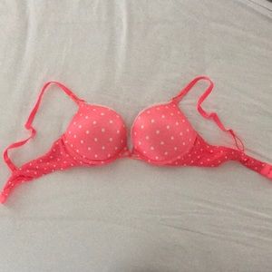 Pink and white polka dot bra
